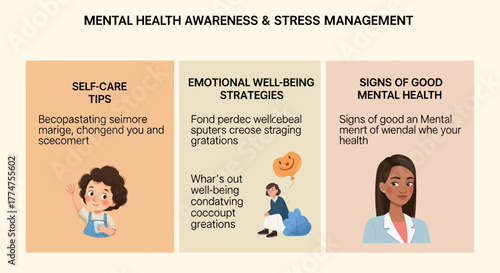 Cartoon Illustration of Mental Health Awareness and Stress Management Tips