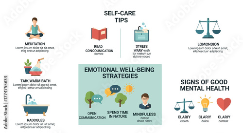 Flat Style Self Care Tips and Emotional Well Being Strategy Infographic