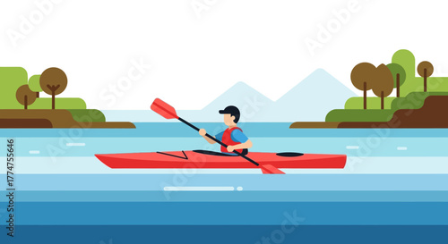 Flat Design Man Kayaking on Lake Surrounded by Nature Scenery Illustration