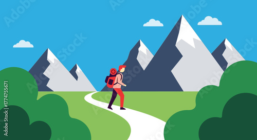 Flat Style Man Hiking in the Mountains with Backpack Illustration