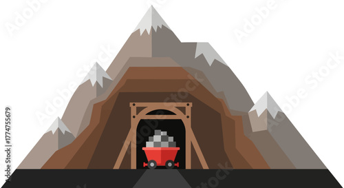 Flat Design Mine Cart with Ore Inside Mountain Tunnel Illustration