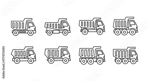 Simple Outline Collection of Dump Truck Line Art Design Element