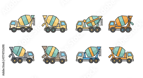 Simple Flat Design Cement Mixer Truck Construction Equipment Icon Set