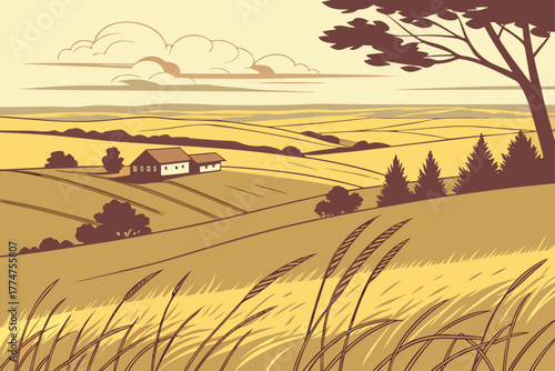 Golden prairie with distant farmstead in Alberta, Canada.