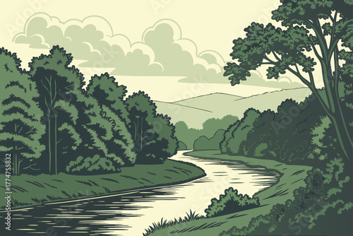 Forest river valley under blue sky in Oregon Cascades