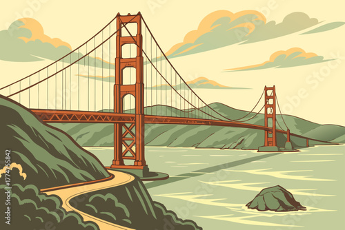 Golden bridge crossing calm bay in San Francisco California