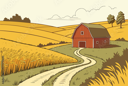Golden fields and red barn outside Madison Wisconsin