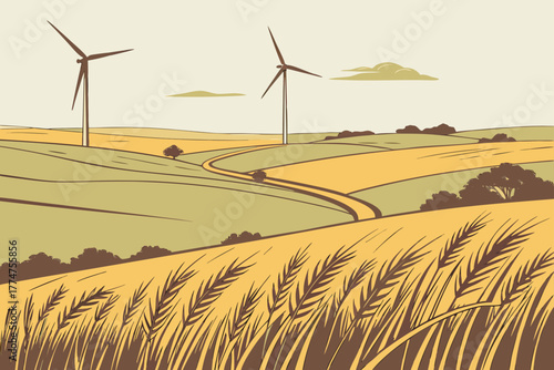Golden fields with wind turbines in Oklahoma plains
