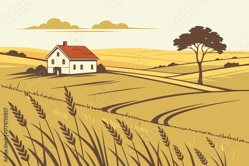 Golden farmland stretching toward distant farmhouse in Nebraska