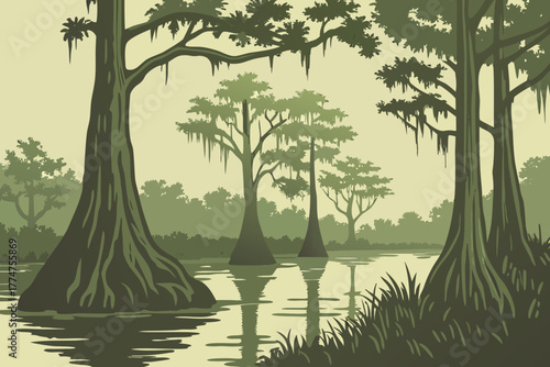 Cypress trees reflecting on bayou waters in Baton Rouge Louisiana