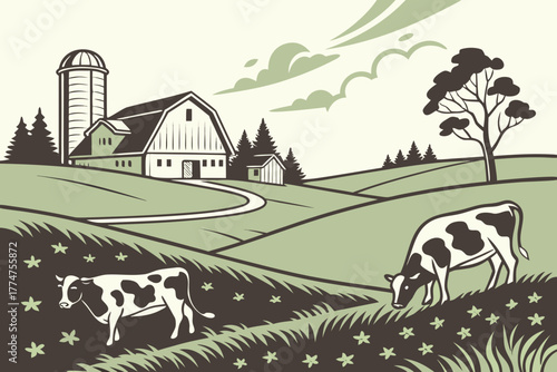 Dairy farm with grazing cows in rural Wisconsin.