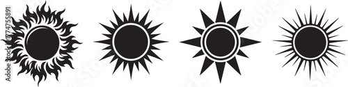 Black sun symbols with flame and sharp rays solar celestial