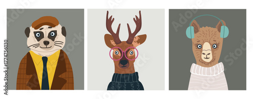 Animals avatars, cute portraits set, hand drawn vector illustration.