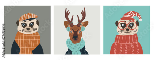 Animals avatars set, cute portraits, user profiles, hand drawn vector illustration.