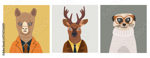 Animals avatars set, cute portraits, user profiles, hand drawn vector illustration.