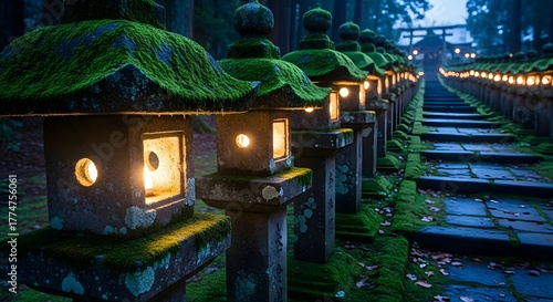 A long row of moss-covered stone lanterns illuminating a pathway at a Japanese temple or shrine in a forest setting.
