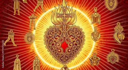 Ornate golden Sacred Heart with cross and flames, surrounded by various religious ex-voto charms radiating light on a red background.