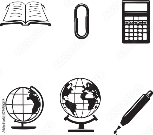 Education and office icon set — black and white silhouette of book, paperclip, calculator, globes, and marker for learning themes