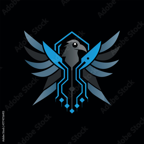 Raven with Metallic Feathers and Glowing Circuits Logo Vector