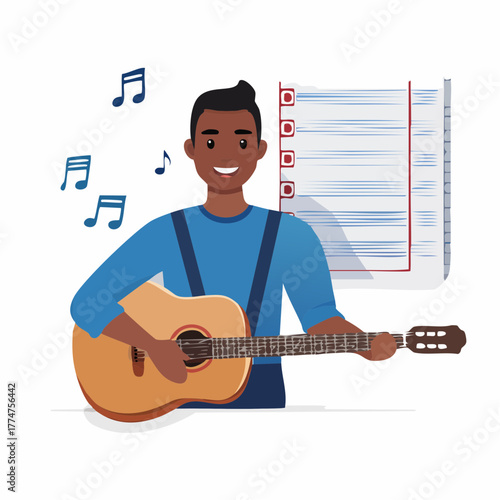 Smiling person playing acoustic guitar with musical notes and sheet music