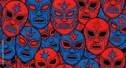 A vibrant, repeating pattern of red and blue lucha libre wrestling masks, creating a dynamic and colorful background.