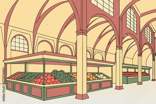 Market interior with vaulted ceilings and produce stalls in Madrid, Spain.
