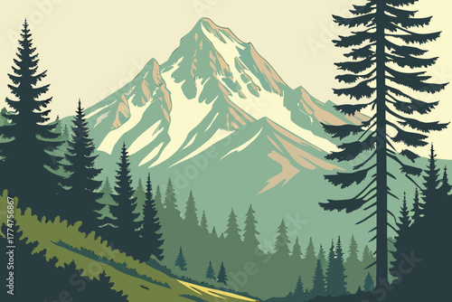 Majestic Mount Hood rising behind dense pine forest, Oregon.