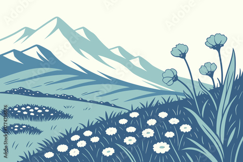Meadow of forget-me-nots and cotton grass in northern tundra Alaska