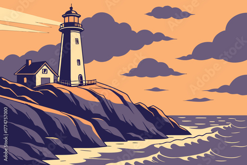 Lighthouse on rocky headland at dusk in Nova Scotia Canada