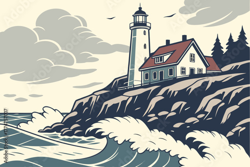 Lighthouse on rugged coastline in Acadia National Park, Maine.