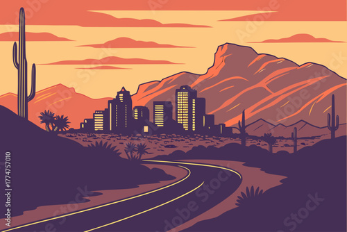 Highway leading into Phoenix skyline at dusk Arizona