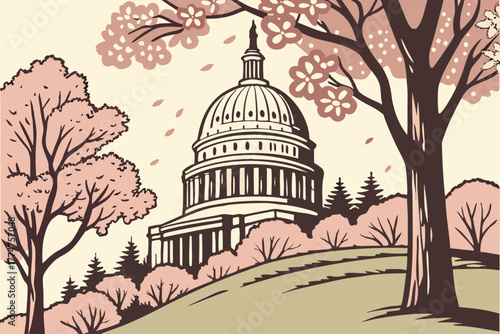 Historic domed monument surrounded by blooming trees in Washington, D.C.