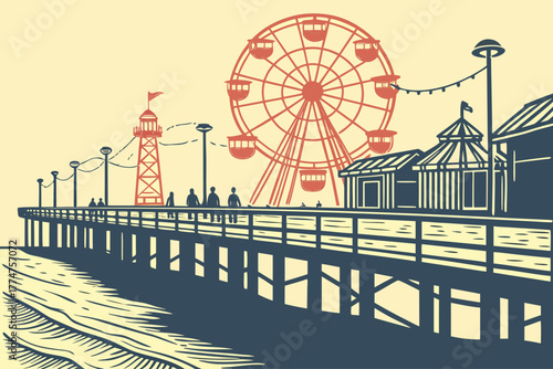 Historic wooden pier and carnival rides in Coney Island, New York.
