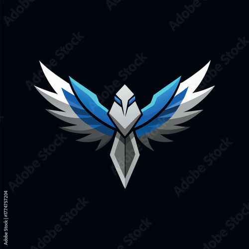 Metallic Falcon with Spread Wings Glowing Logo Vector