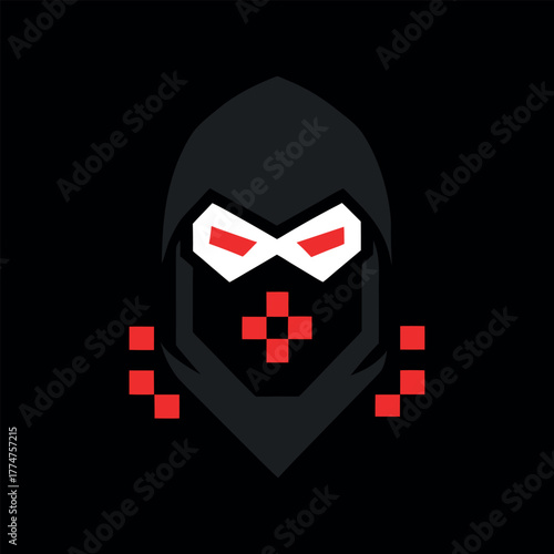 Ninja Face Made of Scattered Pixels Neon Glow Logo Vector