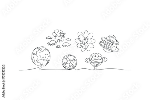 Space exploration and celestial bodies abstract line drawing