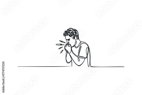 Person coughing into hand single line drawing
