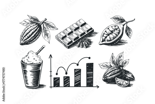 Cocoa bean, chocolate bar, and drink with growth chart sketch
