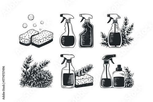 Hand drawn spray bottles sponges and plants for cleaning