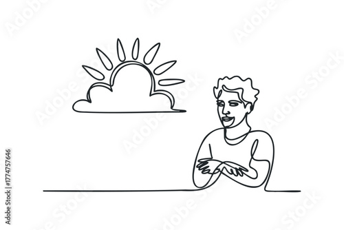 Man with crossed arms smiles beneath a stylized sun and cloud