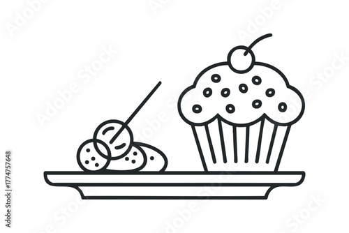 Cupcake and round sweets on a platter with stick