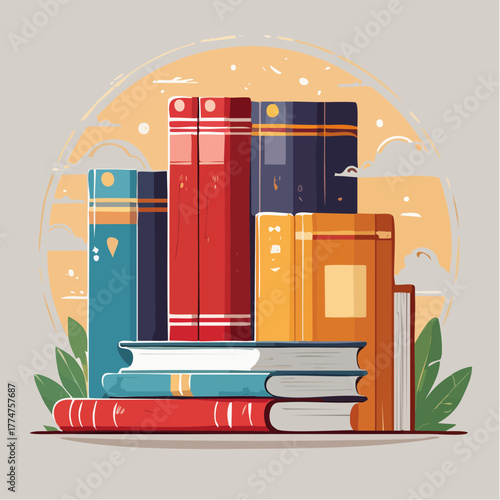 Stacked books illustration in bright colors for education and knowledge themes