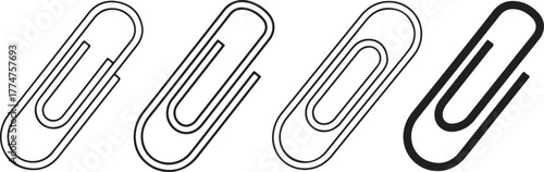 Four black and white paper clips in a row stationery office supplies