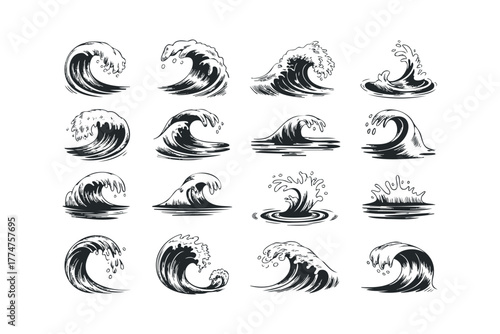 Collection of Stylized Ocean Wave Illustrations