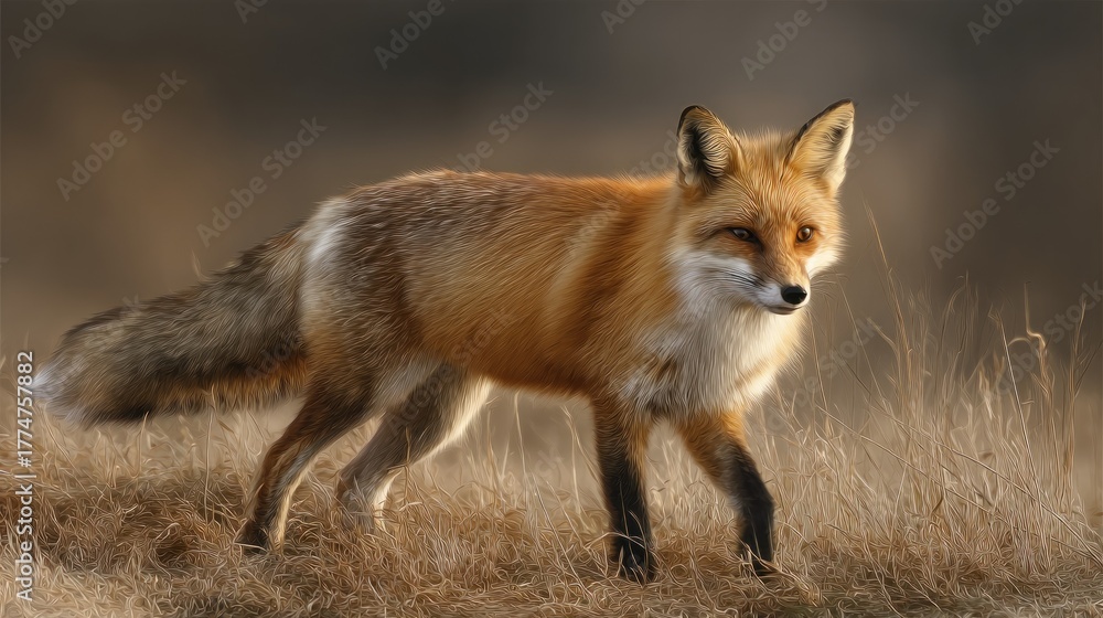 Fototapeta premium Majestic Red Fox Strolls Through Golden Dry Grass Under Soft, Warm Light