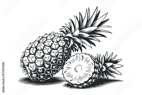 Two pineapples, one whole and one halved, against white background