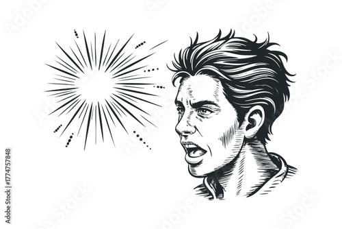 Man's face shouting with radiating lines and dots