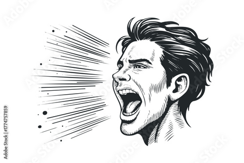 Man shouting with sound waves emanating from mouth