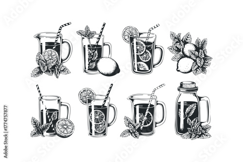 Set of refreshing citrus drinks with mint garnish