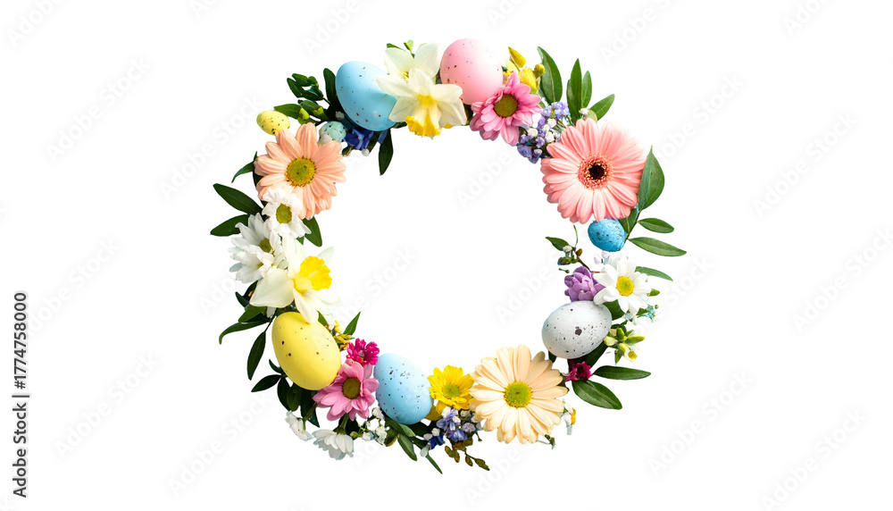 Naklejka premium A circular wreath of pastel flowers and speckled Easter eggs against a black background
